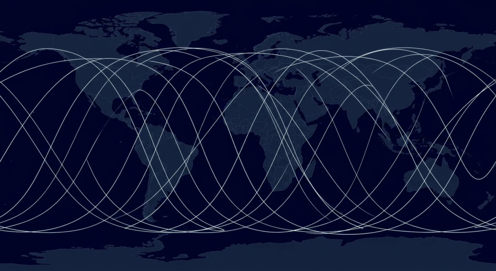 Satellite ground tracks overlapping across a world map.