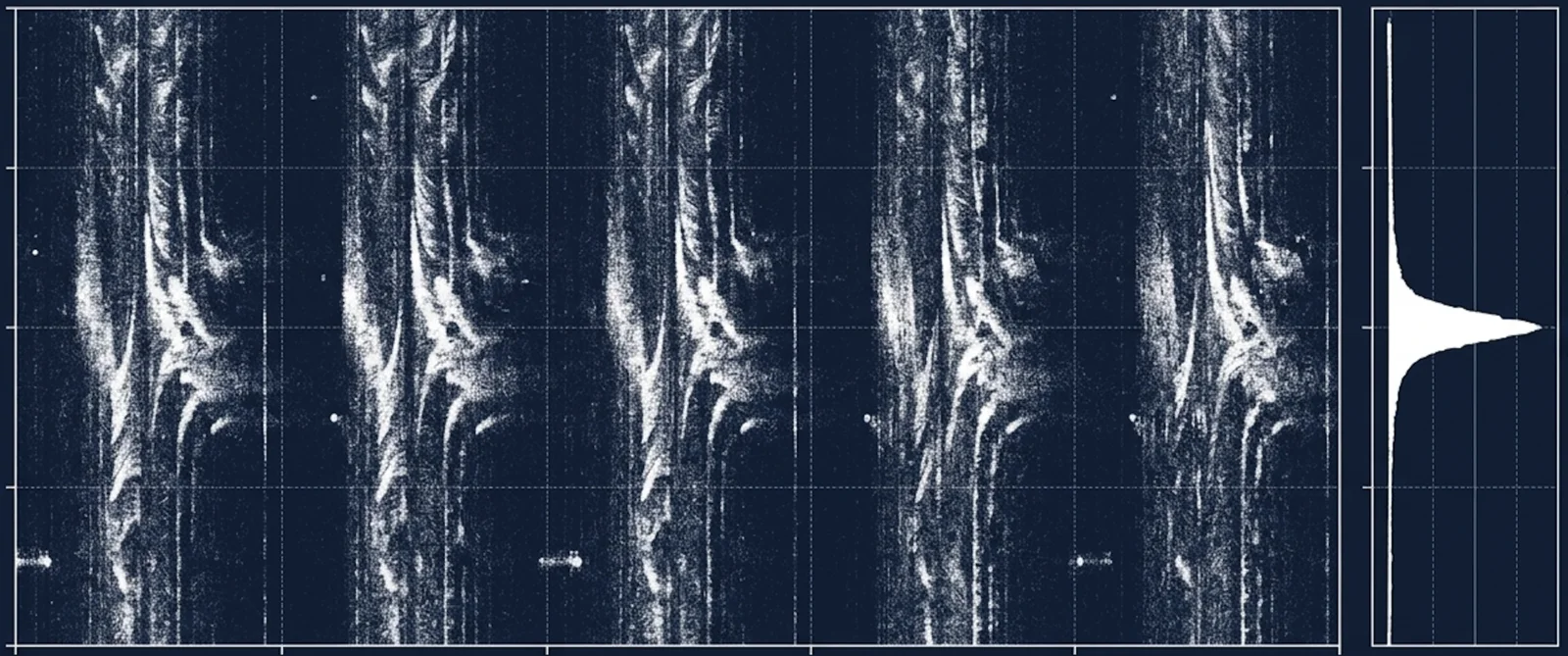 Single-pulse radio waterfall plot from a pulsar, showing pulses drifting across phase.